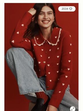 Anthropologie NVLT Red Cardigan with White Heart Pattern and Scalloped Collar